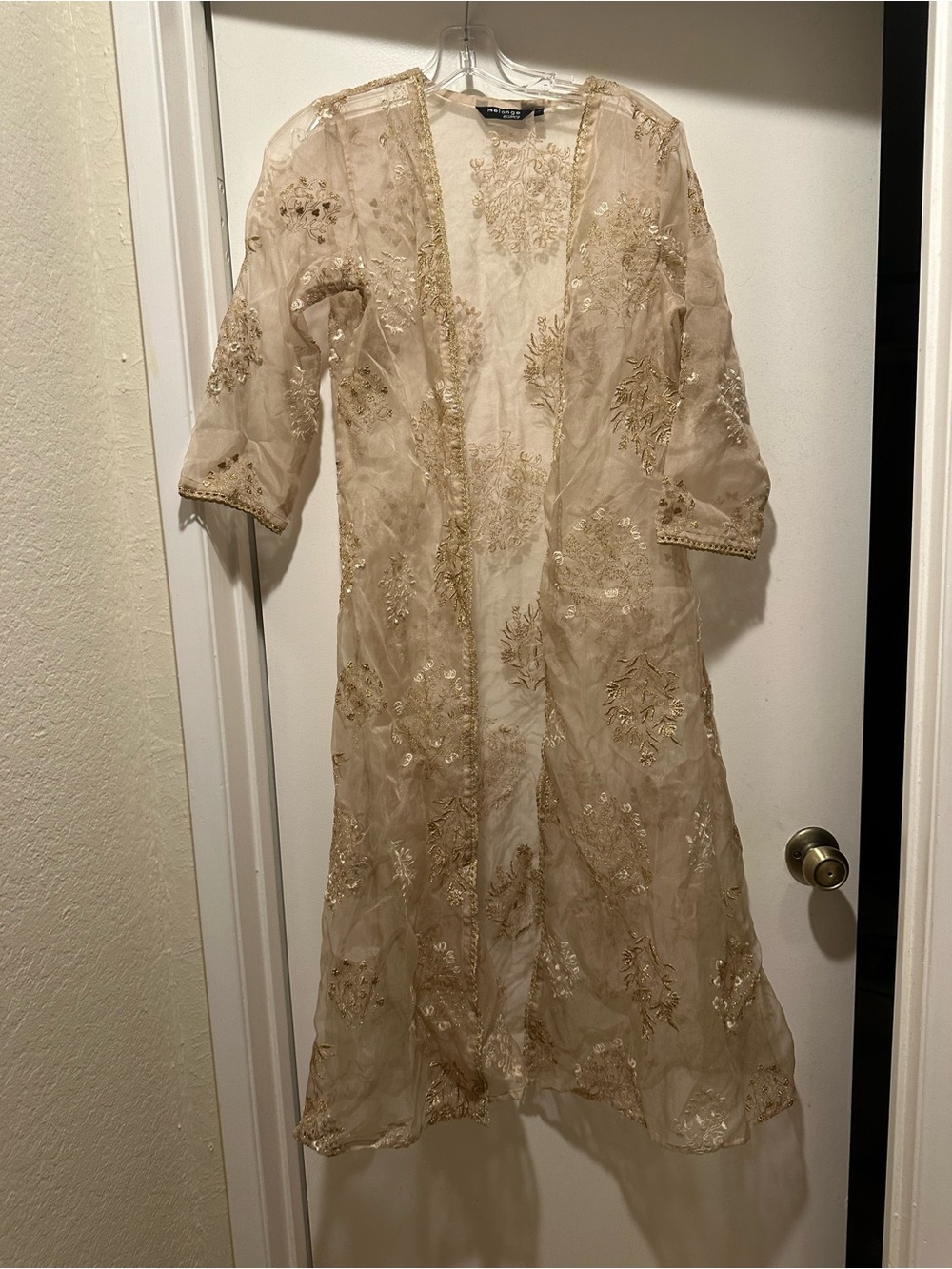 Melange Embroidered Sheer Gold Open Duster with Gold Threading Size Small